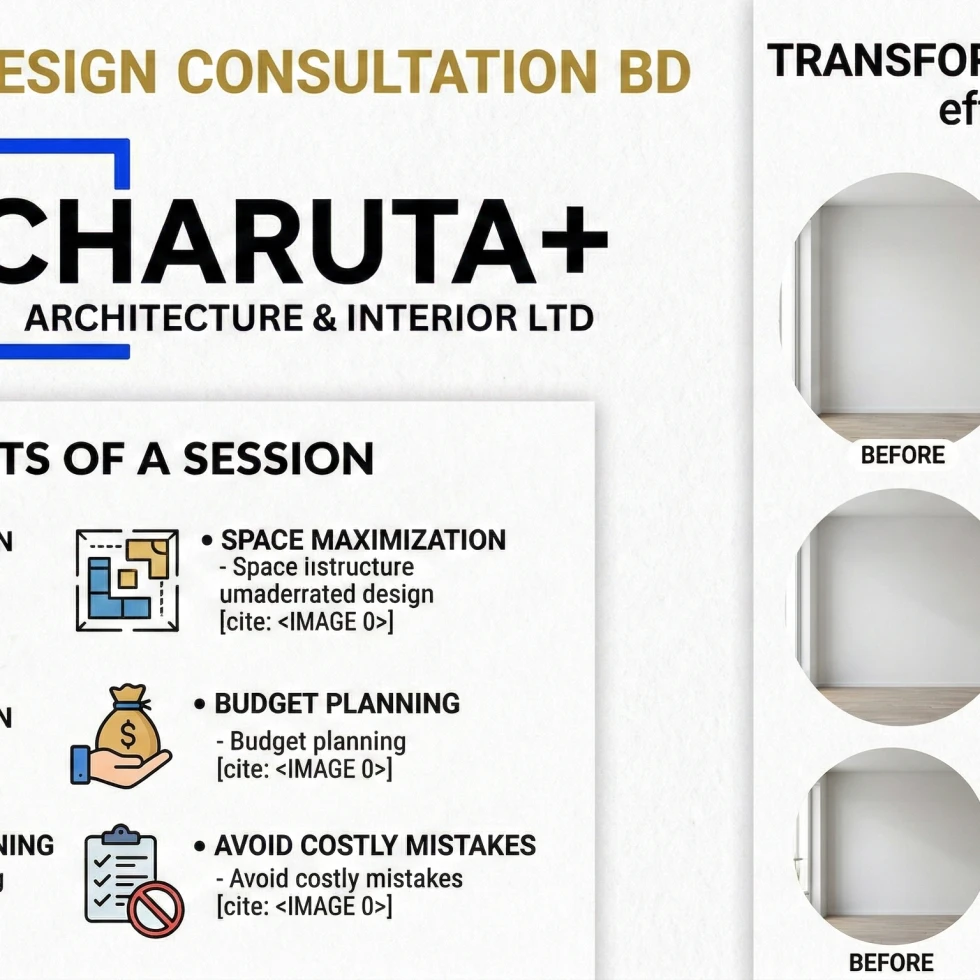 Professional interior design consultation in Dhaka featuring a designer and homeowner reviewing 3D floor plans and material swatches.